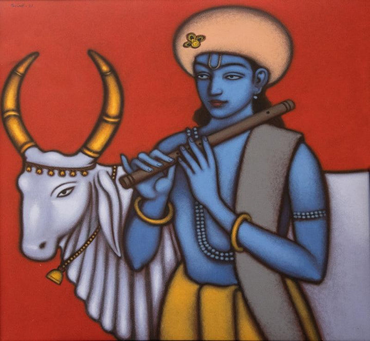 Religious acrylic painting titled 'Krishna With White Cow', 38x38 inches, by artist Balaji Ubale on Canvas