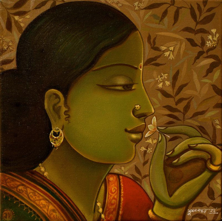 Figurative acrylic painting titled 'Krishnakali', 12x12 inches, by artist Sumon Naskar on Canvas