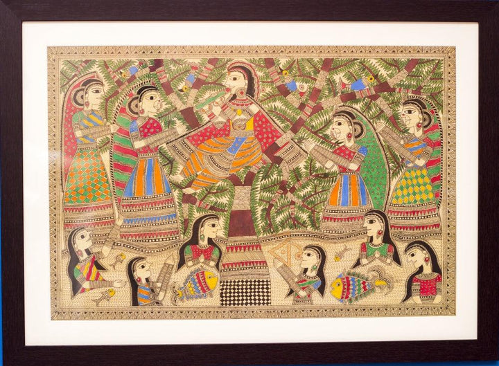 Folk Art madhubani traditional art titled 'Krishnaleela gopis river Madhubani', 17x24 inches, by artist Kalaviti Arts on Cloth