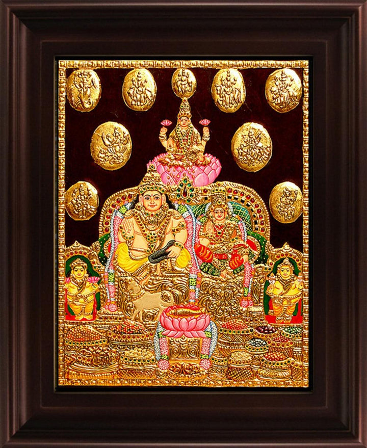 Religious tanjore traditional art titled 'Kubera Lakshmi Tanjore Painting', 24x18 inches, by artist Myangadi Tanjore on Plywood