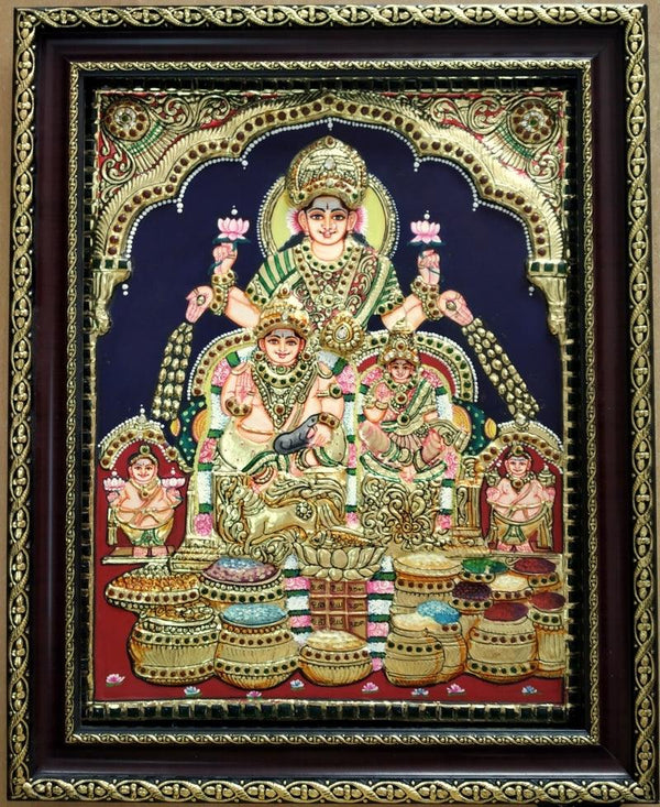 Religious tanjore traditional art titled 'Kuberalakshmi Tanjore Painting', 15x12 inches, by artist VANI VIJAY on Plywood