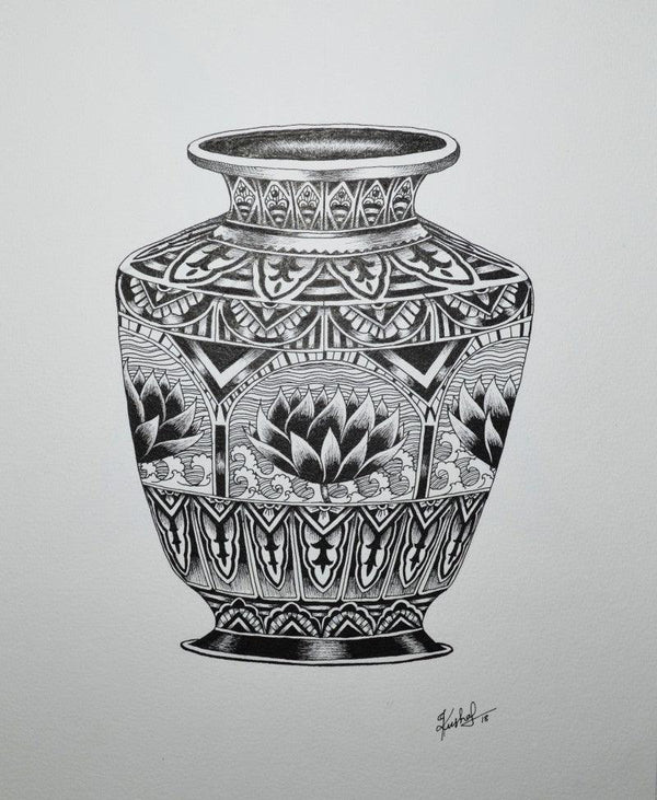 Pots/Vessels pen drawing titled 'Kumba', 15x11 inches, by artist Kushal Kumar on Paper