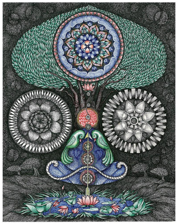 meditation pen ink drawing titled 'Kundalini Yoga Nali', 15x12 inches, by artist V Vasandan on Paper