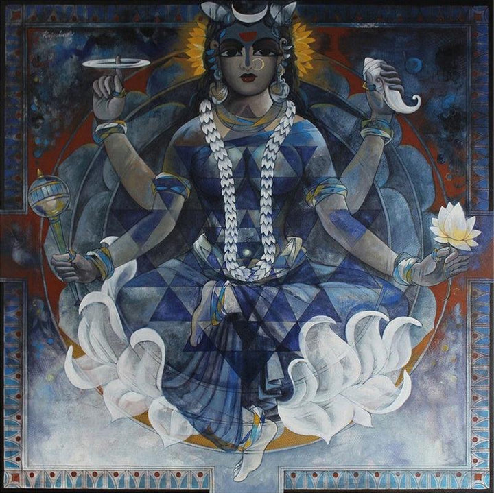 Religious acrylic painting titled 'Kushmanda', 36x36 inches, by artist N P Rajeshwarr on Canvas