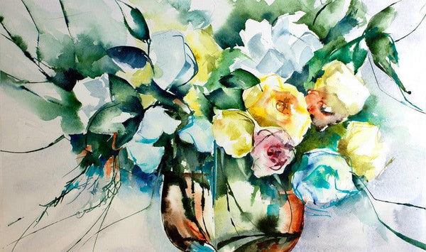 Still-life watercolor painting titled 'La groupie du pianiste', 12x20 inches, by artist Veronique Piaser-moyen on Paper