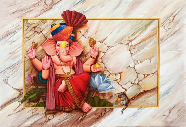 Religious oil painting titled 'Laal Ganesha', 38x60 inches, by artist Pradeep Kumar on Canvas