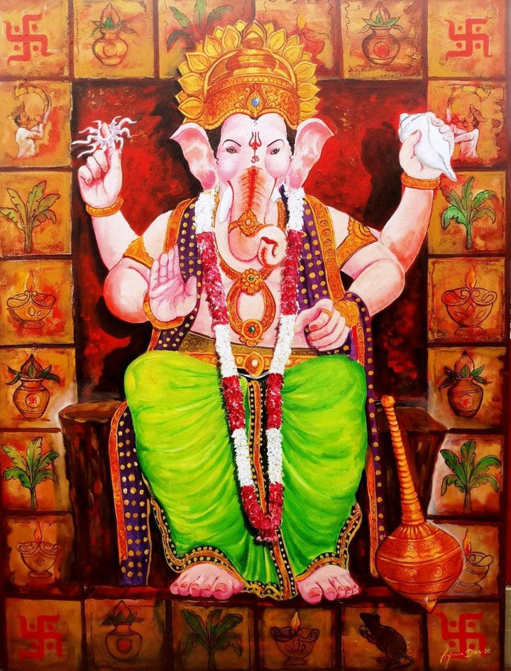 Religious acrylic painting titled 'Laalbagcha Raja', 48x36 inches, by artist Arjun Das on Canvas