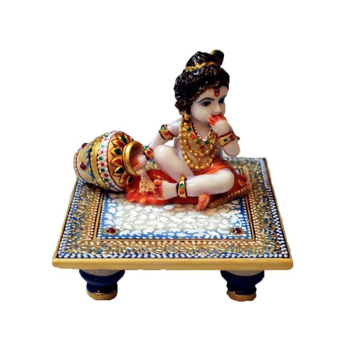 Religious craft titled 'Laddu Gopal On Blue Marble Chowki', 4x4x4 inches, by artist Ecraft India on Marble