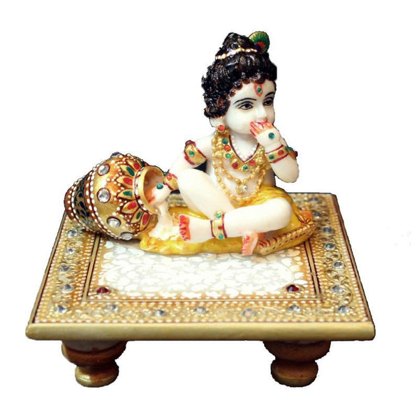 Religious craft titled 'Laddu Gopal On Golden Marble Chowki', 4x4x4 inches, by artist Ecraft India on Marble