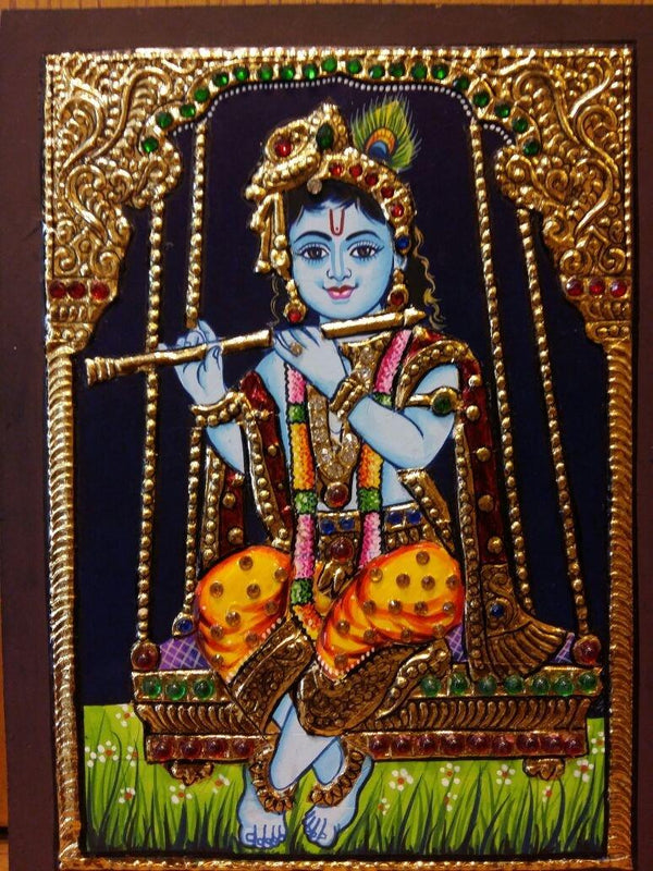 Religious tanjore traditional art titled 'Laddu Gopal Tanjore Painting', 24x18 inches, by artist VANI VIJAY on Plywood