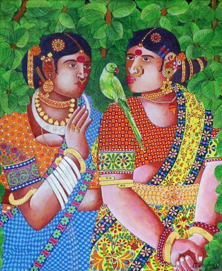 Figurative acrylic painting titled 'Ladies With Parrot 1', 18x24 inches, by artist Bhawandla Narahari on Canvas