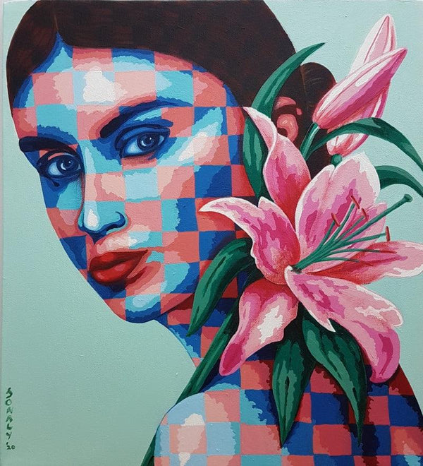 Figurative acrylic painting titled 'Lady And Lilies', 20x18 inches, by artist Sonaly Gandhi on Canvas