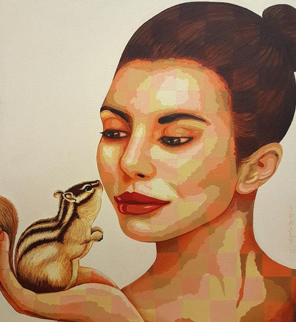 Figurative acrylic painting titled 'Lady And Squirrel', 20x18 inches, by artist Sonaly Gandhi on Canvas