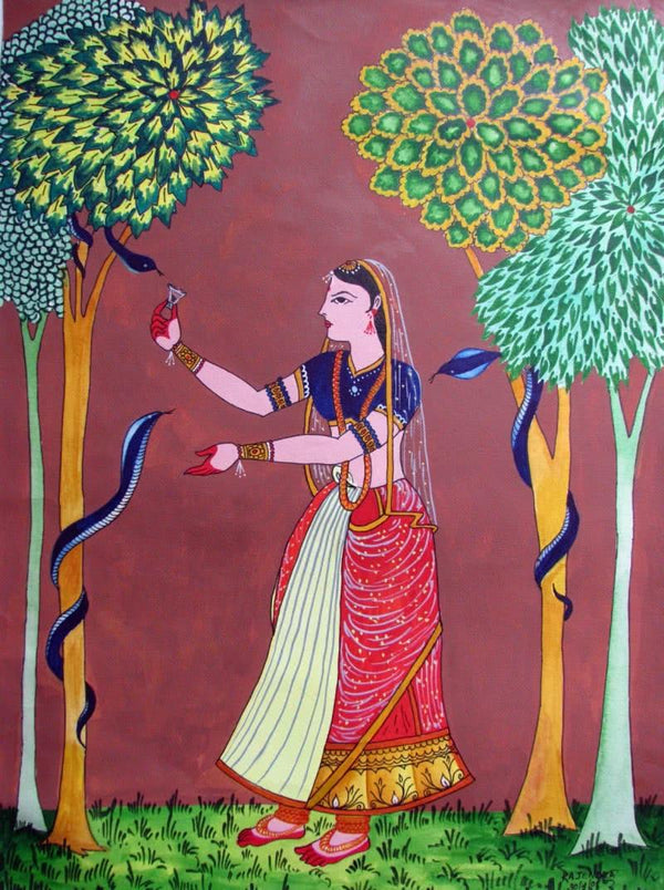 Portrait watercolor painting titled 'Lady feeding snakes', 15x11 inches, by artist Rajendra V on Paper