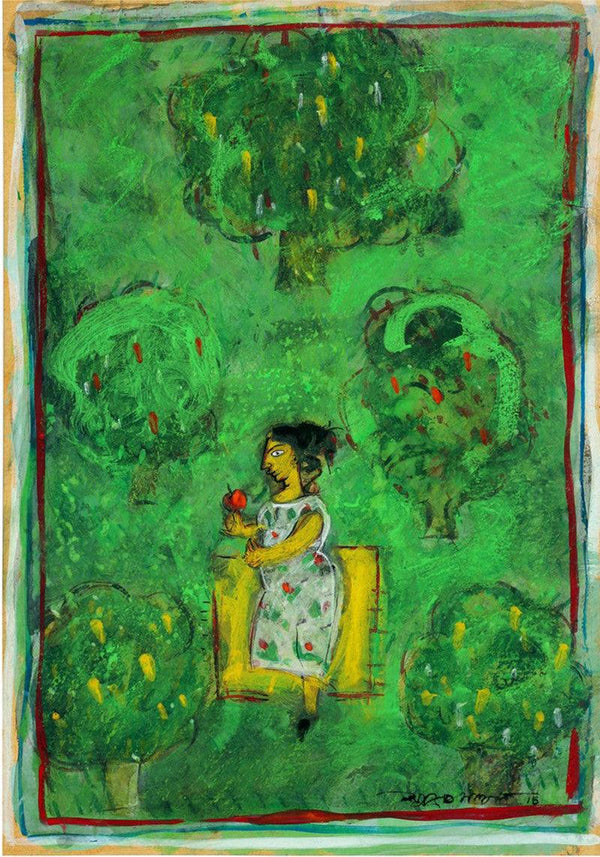 Figurative tempera painting titled 'Lady In Green', 18x14 inches, by artist Subroto Mondal on Basli