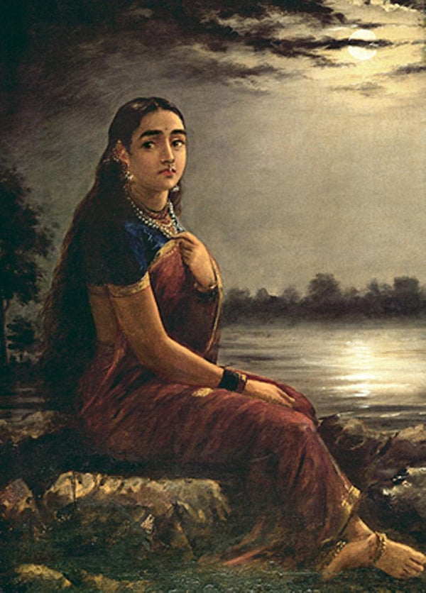 Figurative oil painting titled 'Lady In Moonlight', 24x18 inches, by artist Raja Ravi Varma on Canvas