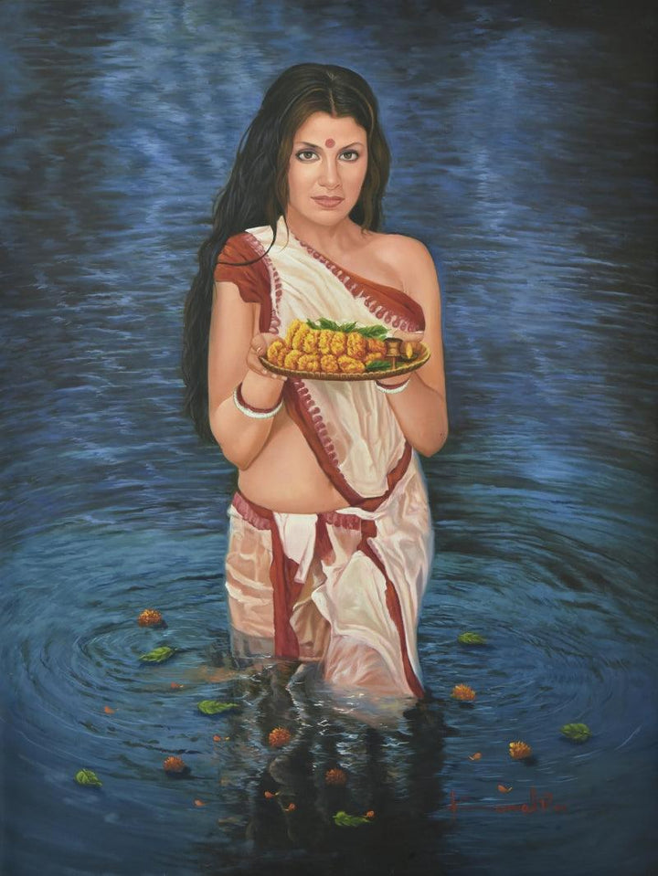 Figurative oil painting titled 'Lady In The River', 36x48 inches, by artist Kamal Rao on Canvas