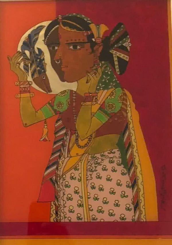 Figurative acrylic painting titled 'Lady looking in a mirror', 11x8 inches, by artist Laxma Goud on Glass