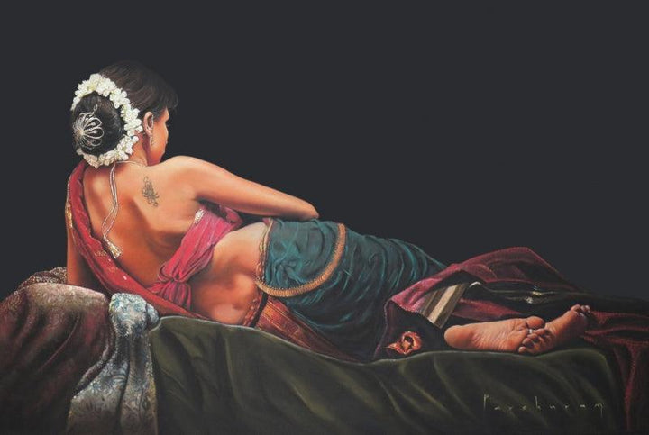 Realistic pencil drawing titled 'Lady Lying On Bed', 30x40 inches, by artist Parshuram Patil on Paper