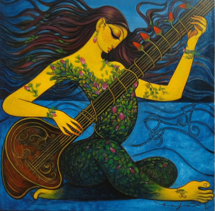 Figurative acrylic painting titled 'Lady playing Sitar', 48x48 inches, by artist Ramesh Gujar on Canvas