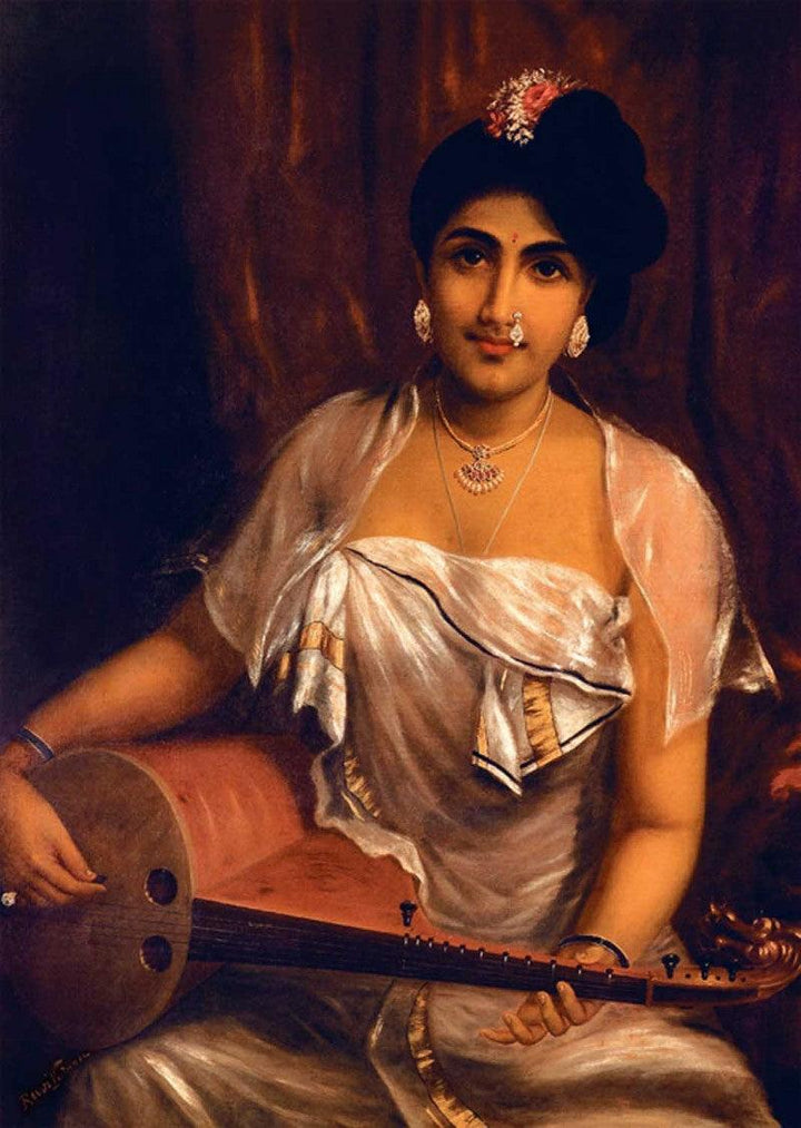Figurative oil painting titled 'Lady Playing The Veena', 36x26 inches, by artist Raja Ravi Varma Reproduction on Canvas
