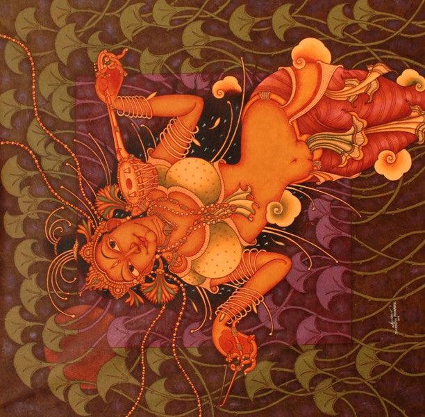 Figurative acrylic painting titled 'Lady Playing Veena', 48x48 inches, by artist Manikandan Punnakkal on Canvas