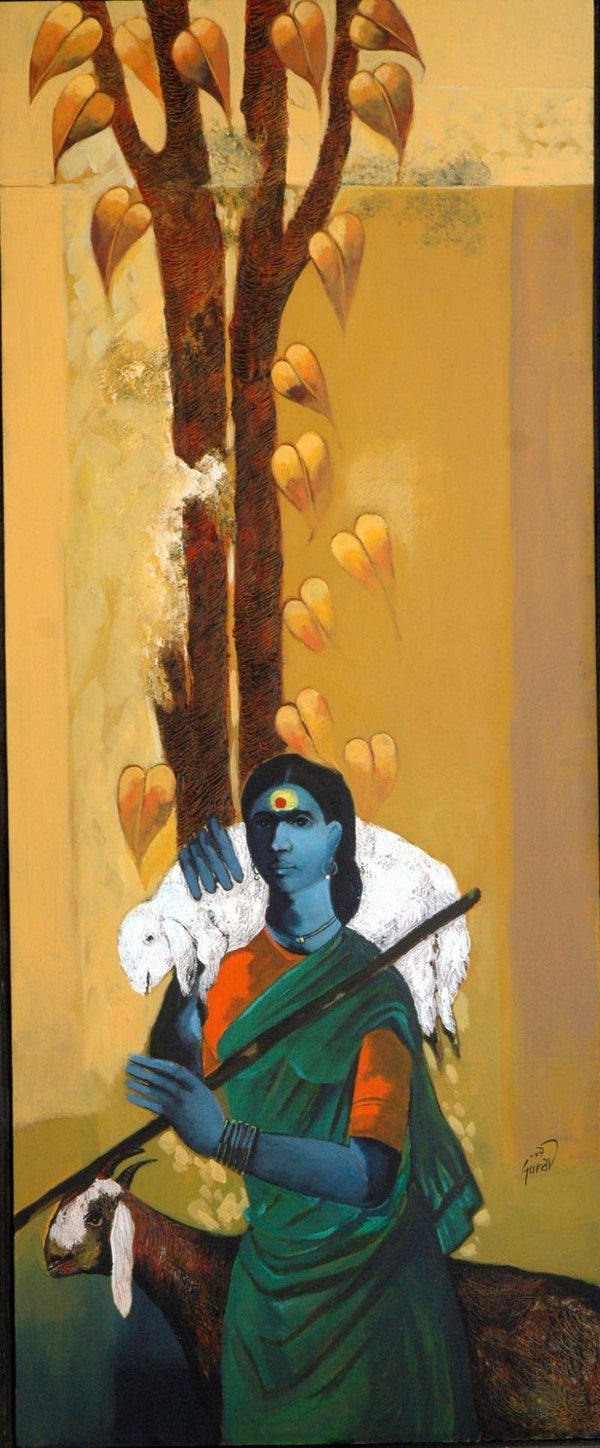 Figurative acrylic painting titled 'Lady Shepherd', 58x24 inches, by artist RAOSAHEB GURAV on Canvas