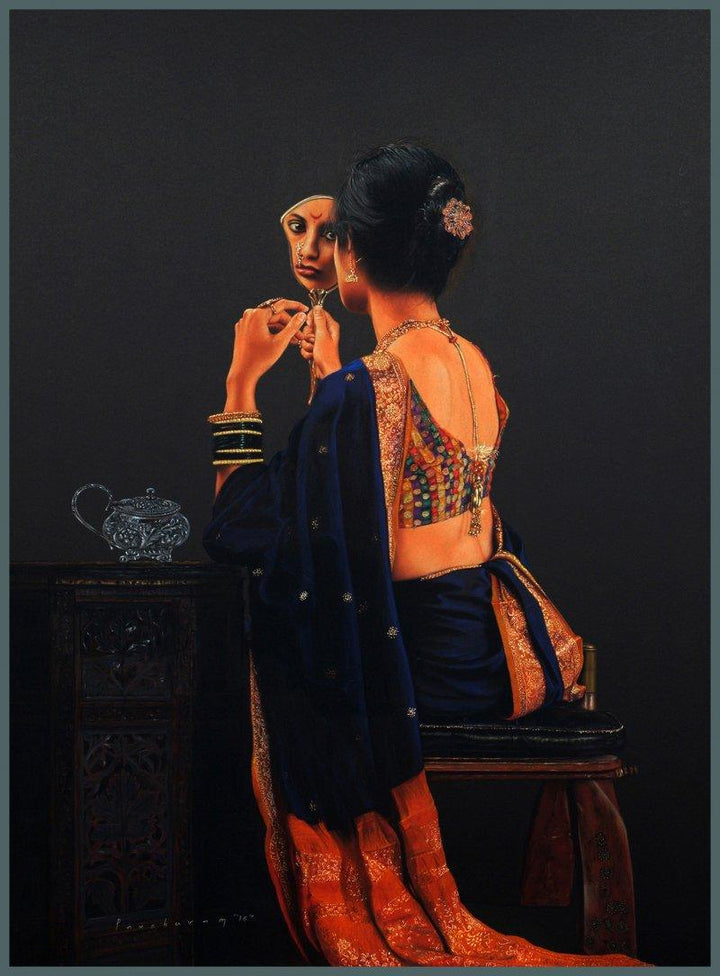 Realistic pencil drawing titled 'Lady Sitting with Mirror', 48x36 inches, by artist Parshuram Patil on Paper