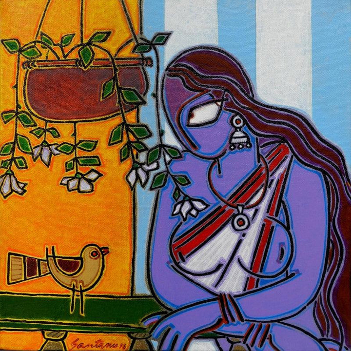 Figurative acrylic painting titled 'Lady With A Bird', 12x12 inches, by artist Santanu Nandan Dinda on Canvas