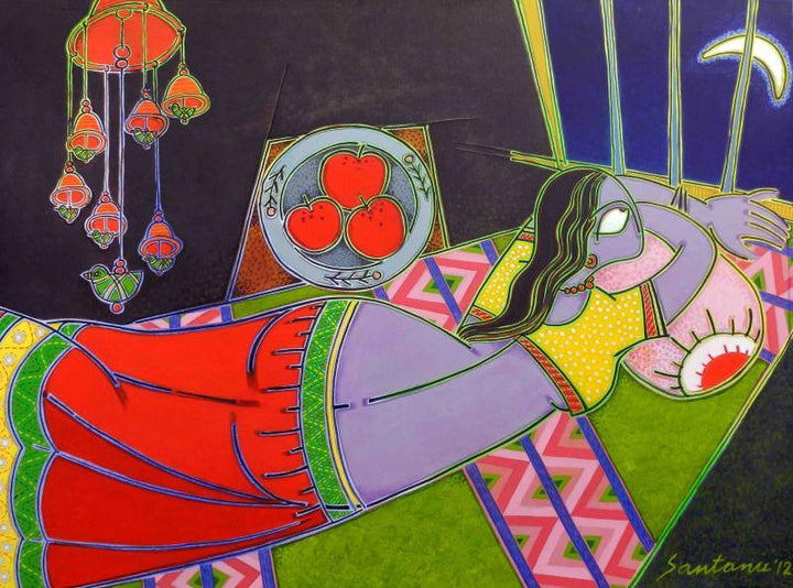 Figurative acrylic painting titled 'Lady With A Moon', 36x48 inches, by artist Santanu Nandan Dinda on Canvas