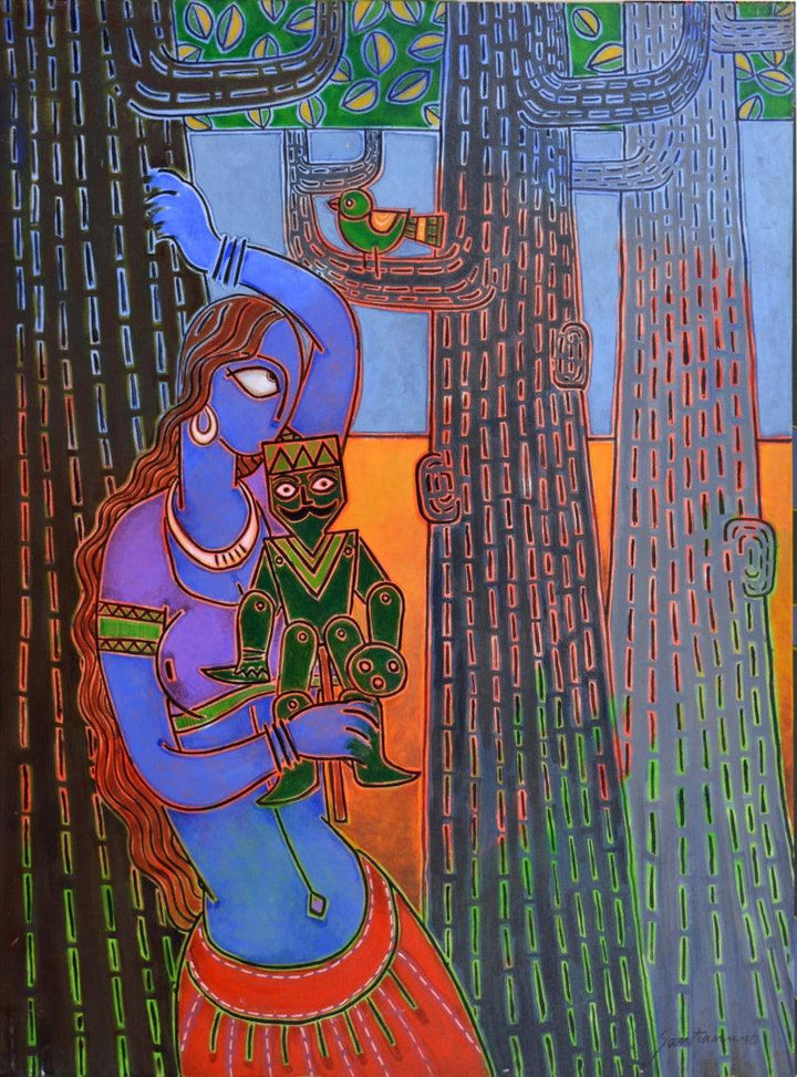 Figurative acrylic painting titled 'Lady With A Puppet 1', 46x34 inches, by artist Santanu Nandan Dinda on Canvas