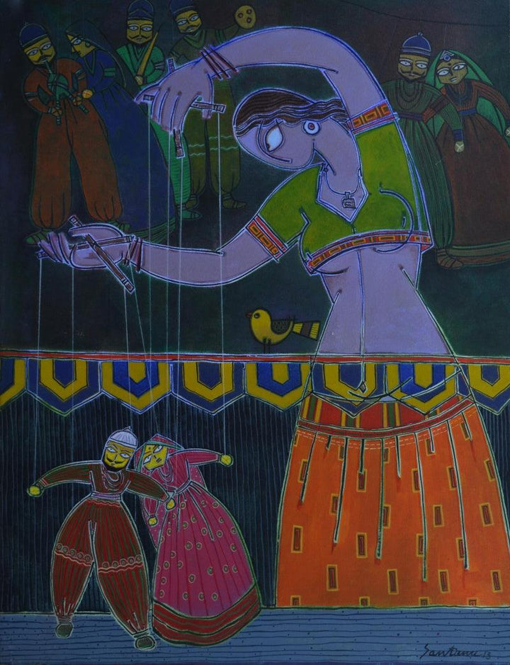 Figurative acrylic painting titled 'Lady With A Puppet 3', 48x36 inches, by artist Santanu Nandan Dinda on Canvas