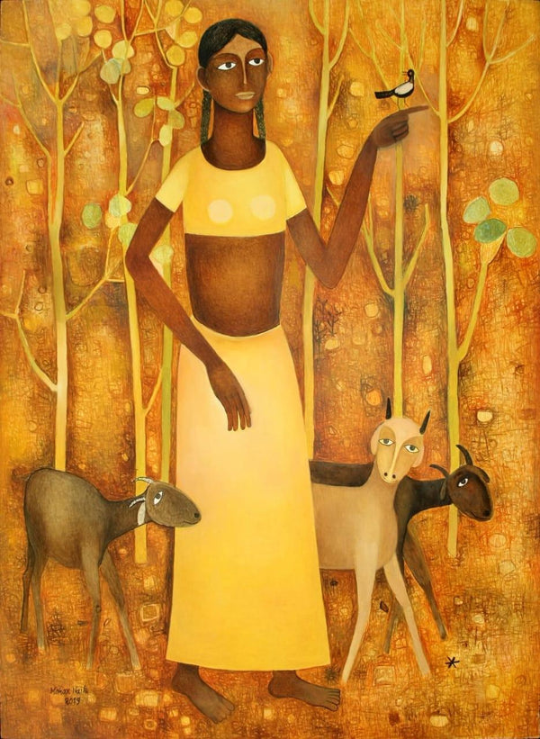 Figurative oil painting titled 'Lady With Animals', 48x36 inches, by artist Mohan Naik on Canvas