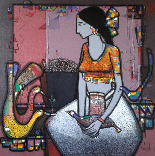 Figurative acrylic painting titled 'Lady With Bird 1', 24x24 inches, by artist Girish Adannavar on Canvas