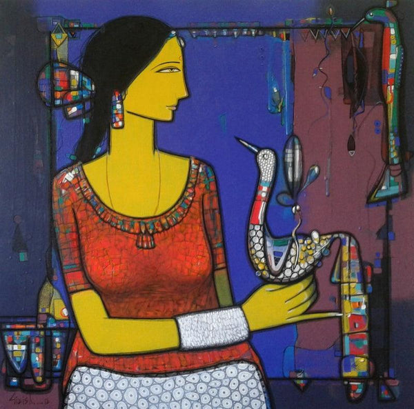 Figurative acrylic painting titled 'Lady With Bird 3', 34x34 inches, by artist Girish Adannavar on Canvas