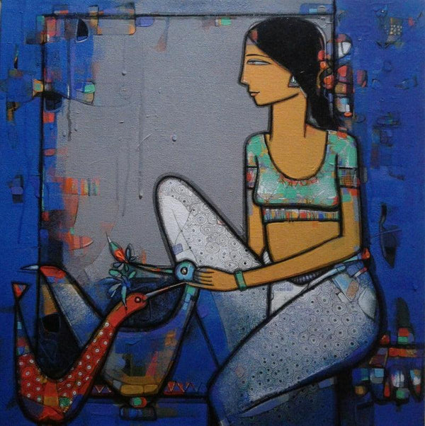 Figurative acrylic painting titled 'Lady With Bird 4', 24x24 inches, by artist Girish Adannavar on Canvas