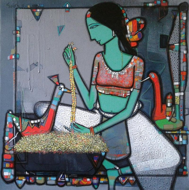 Figurative acrylic painting titled 'Lady With Bird 5', 24x24 inches, by artist Girish Adannavar on Canvas