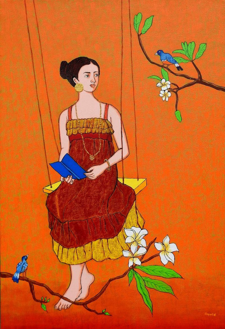 Figurative acrylic painting titled 'Lady With Birds', 36x24 inches, by artist Deepali S on Canvas