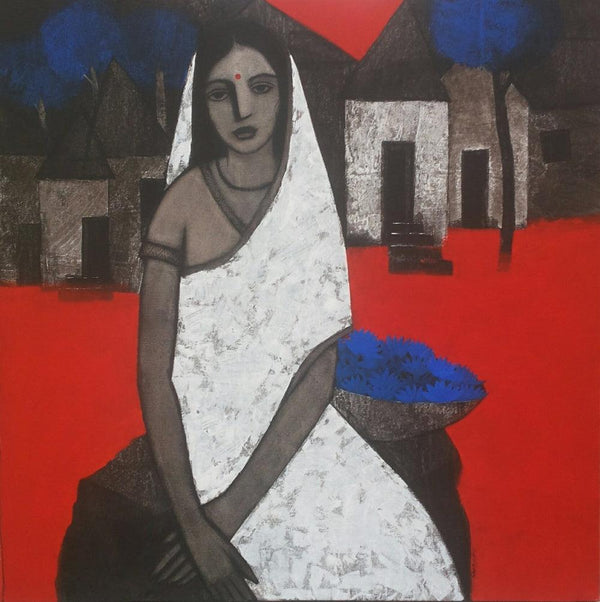 Figurative acrylic painting titled 'Lady With Blue Flowers', 36x36 inches, by artist Nagesh Ghodke on Canvas