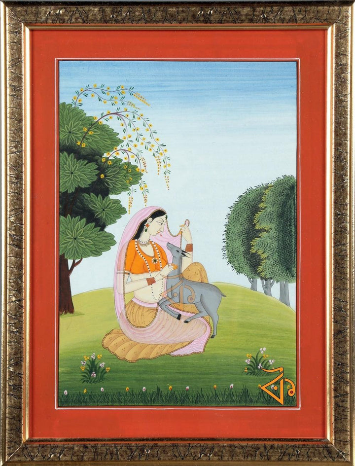 Folk Art mughal traditional art titled 'Lady with deer Kangra Art', 11x8 inches, by artist Kalavithi Art Ventures on Handmade Paper