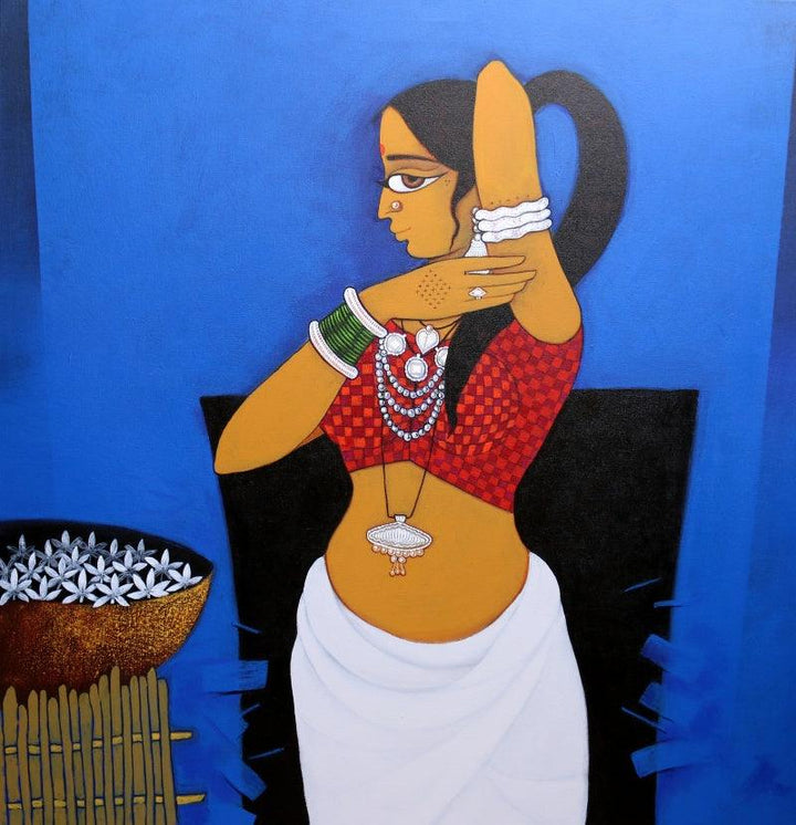 Figurative acrylic painting titled 'Lady With Flower 2', 36x36 inches, by artist GAJRAJ  CHAVAN on Canvas