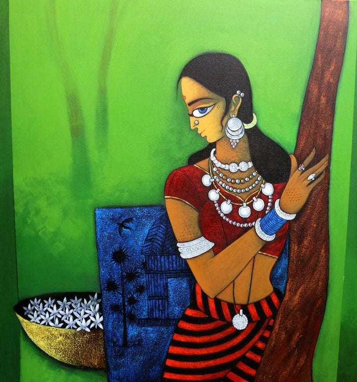 Figurative acrylic painting titled 'Lady With Flower', 36x36 inches, by artist GAJRAJ  CHAVAN on Canvas