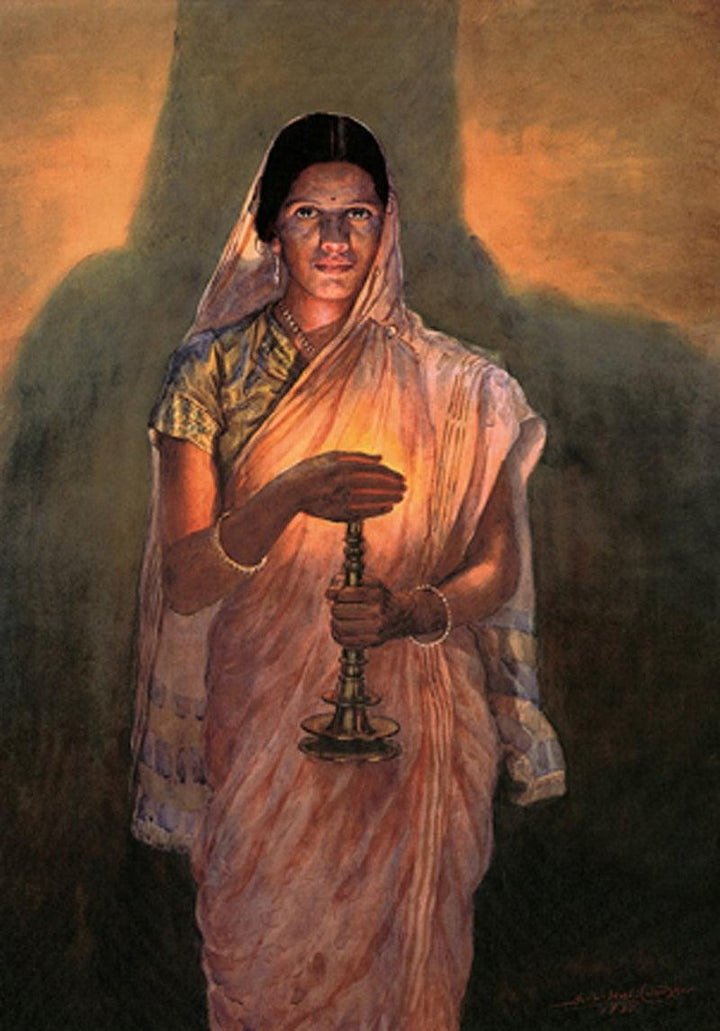 Figurative oil painting titled 'Lady With Lamp (Glow Of Hope)', 24x17 inches, by artist Sawlaram Haldankar on Canvas