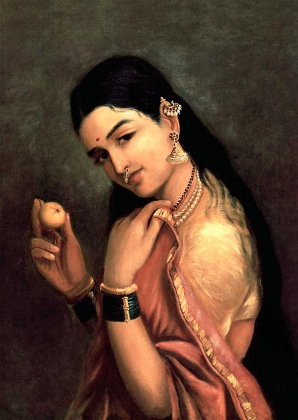 Figurative oil painting titled 'Lady With Lemon', 36x26 inches, by artist Raja Ravi Varma Reproduction on Canvas