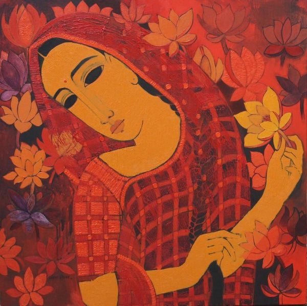 Figurative acrylic painting titled 'Lady With Lotus', 30x30 inches, by artist Mamta Mondkar on Canvas
