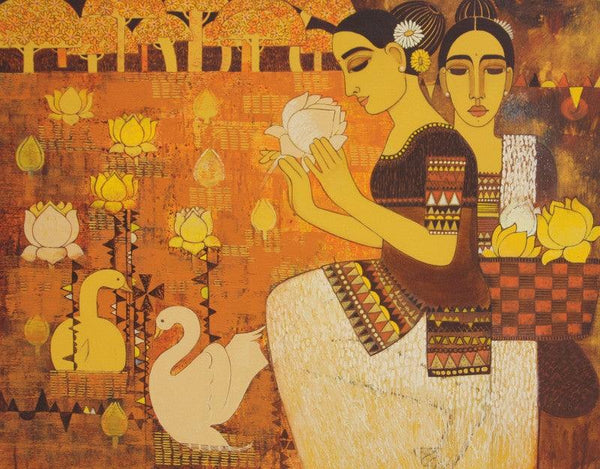 Figurative acrylic painting titled 'Lady With Lotus Ii', 36x48 inches, by artist Mamta Mondkar on Canvas