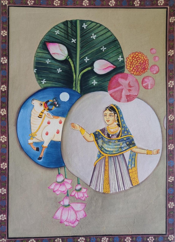 Figurative pichwai traditional art titled 'Lady With Nandi', 14x10 inches, by artist Pichwai Art on Cloth