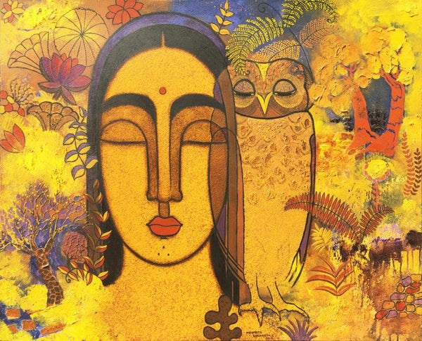 Figurative acrylic painting titled 'Lady With Owl', 38x48 inches, by artist Mamta Mondkar on Canvas