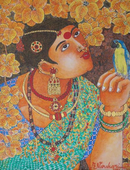 Figurative acrylic painting titled 'Lady With Parrot 1', 15x20 inches, by artist Bhawandla Narahari on Canvas