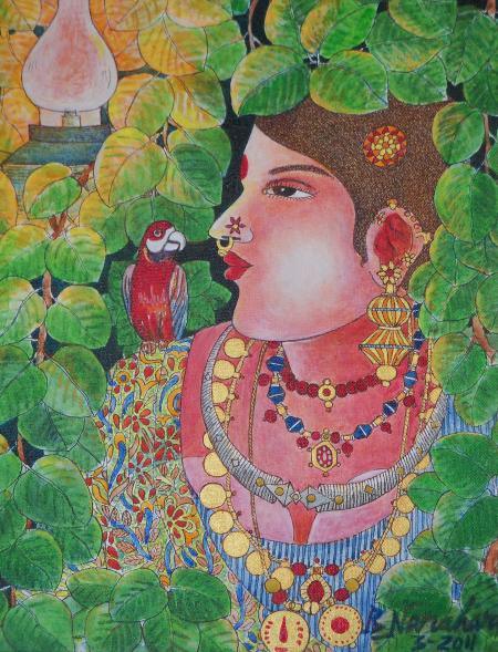 Figurative acrylic painting titled 'Lady With Parrot 2', 15x20 inches, by artist Bhawandla Narahari on Canvas